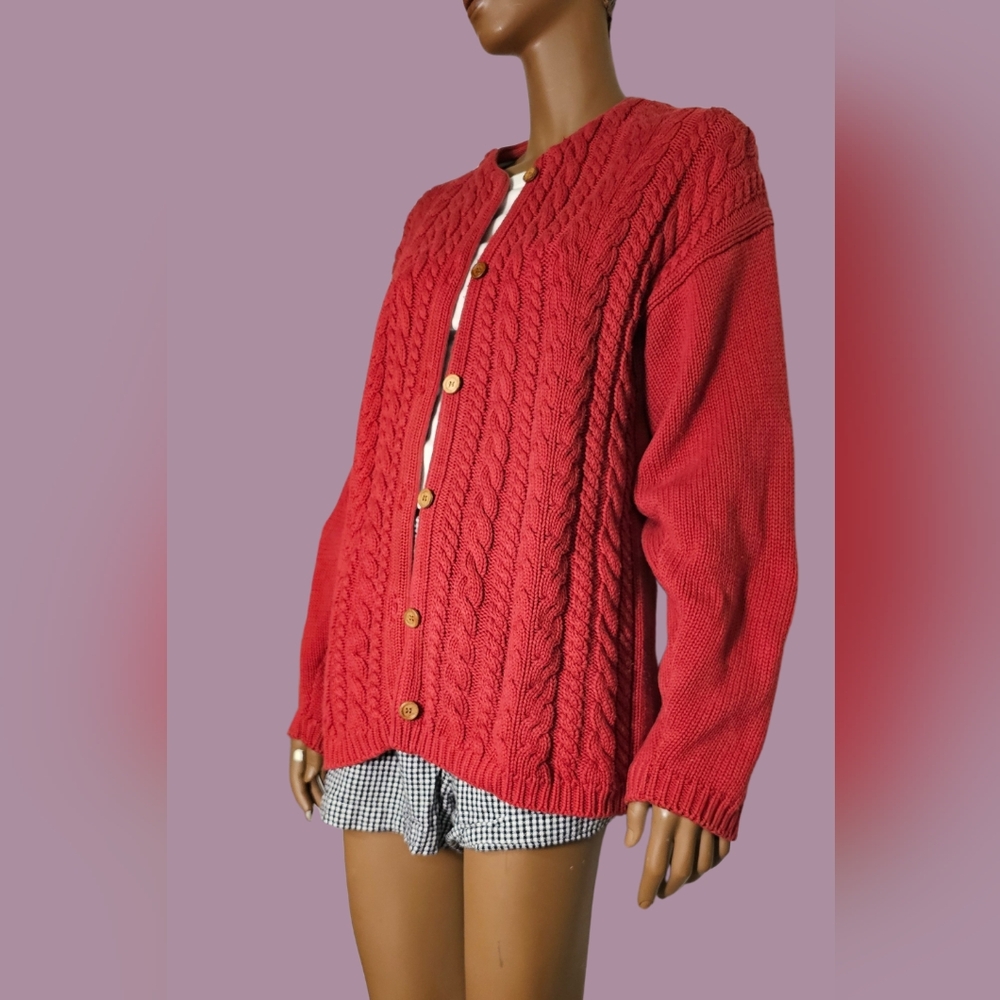 Vintage Cotton Ginny Women's Chunky  Red Cable Knit Sweater Size L Cotton 100%